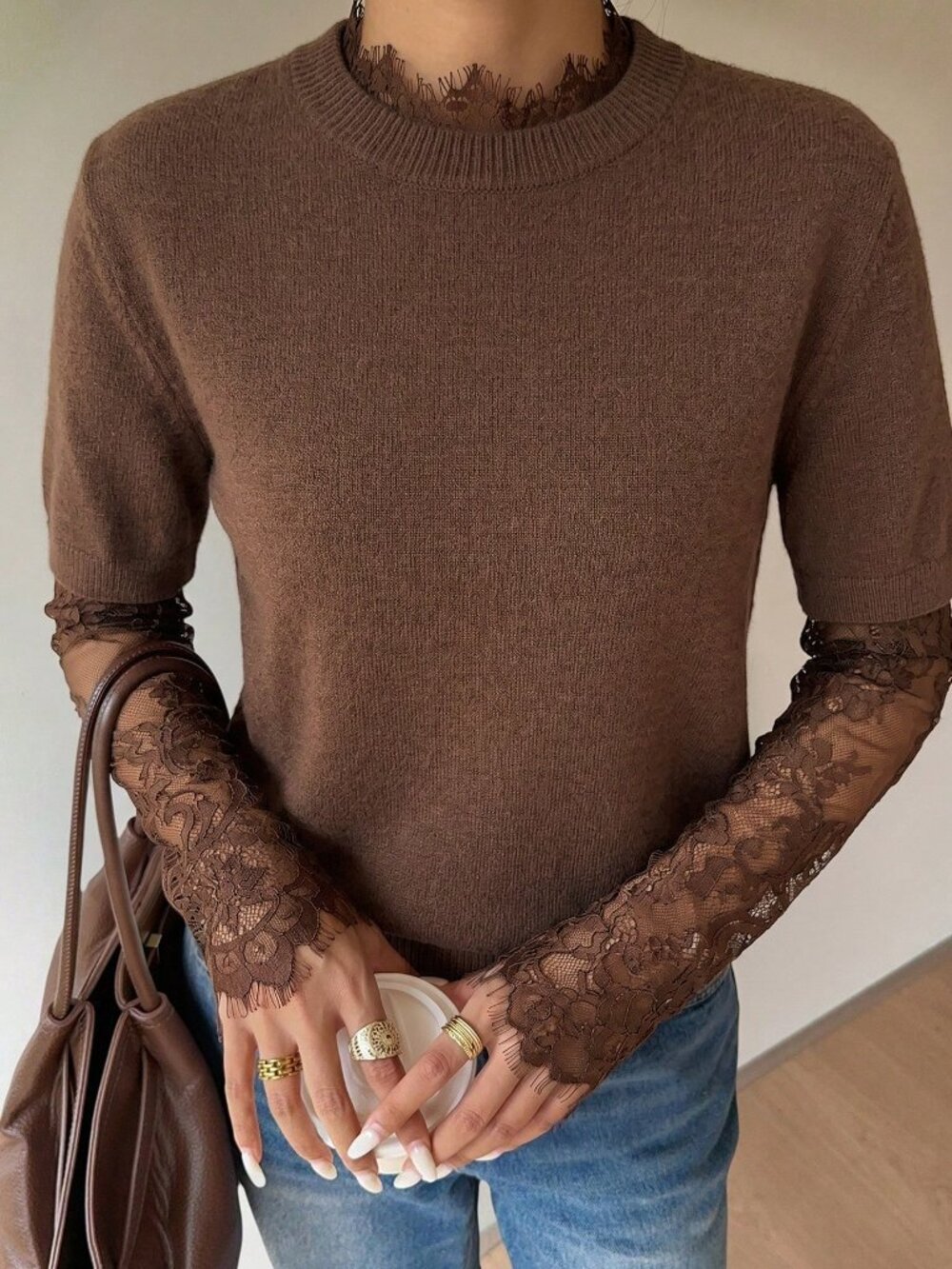 Brown Casual Women's Lace detailed Plush Knit Sweater top - Picture 3 of 9